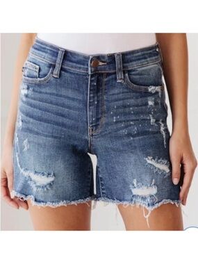 Judy Blue Distressed Medium Blue High Rise Jean Shorts